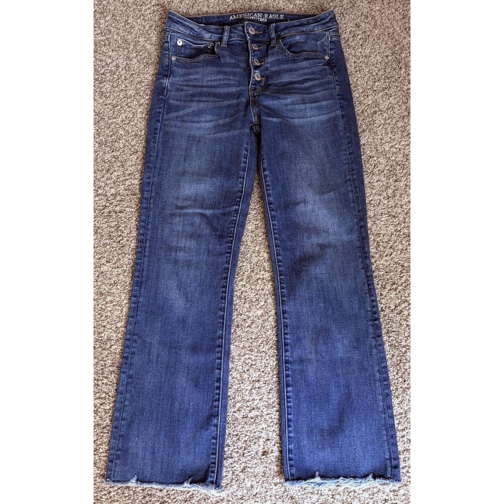 American Eagle Hi-Rise Women 4 Crop Flare Jean Raw Hem Super StretchX Button Fly